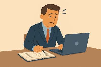 Zmęczony specjalista przy biurku przepisuje notatki z inspekcji do komputera