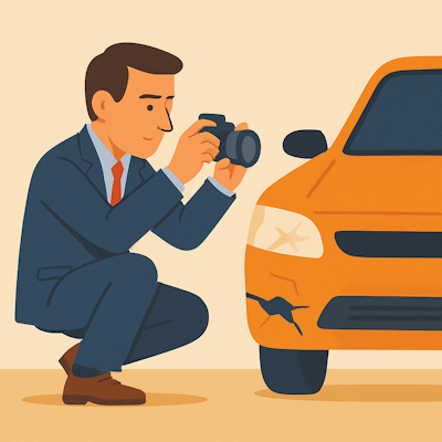 Rzeczoznawca fotografuje uszkodzenia pojazdu podczas oględzin w terenie